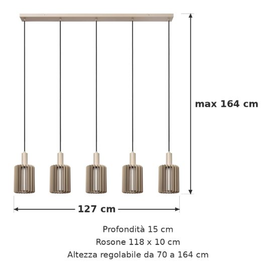 Lampadario a sospensione con 5 pendenti lineare per sala da pranzo moderno tortora