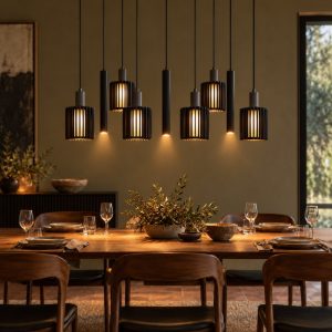 Lampadario a sospensione con 9 pendenti lineare per sala da pranzo moderno nero