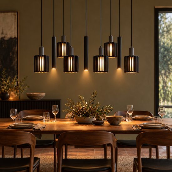 Lampadario a sospensione con 9 pendenti lineare per sala da pranzo moderno nero