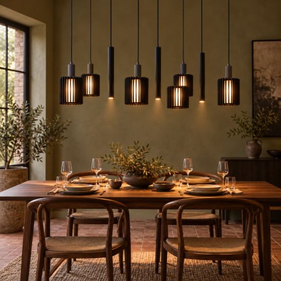 Lampadario a sospensione con 9 pendenti lineare per sala da pranzo moderno nero