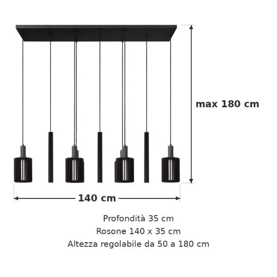 Lampadario a sospensione con 9 pendenti lineare per sala da pranzo moderno nero