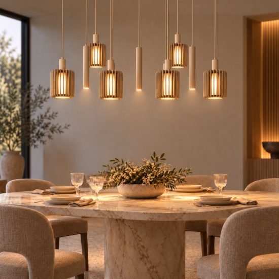 Lampadario a sospensione con 9 pendenti lineare per sala da pranzo moderno tortora