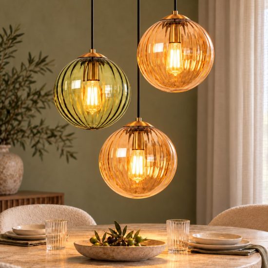 Lampadario a sospensione con 3 pendenti a grappolo per soggiorno contemporaneo verde ambra