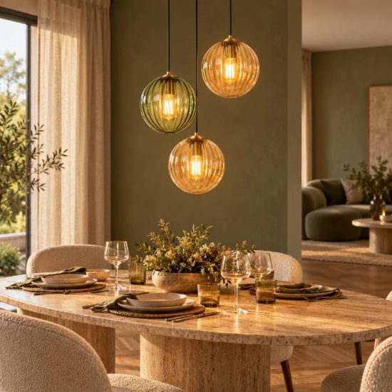 Lampadario a sospensione con 3 pendenti a grappolo per soggiorno contemporaneo verde ambra