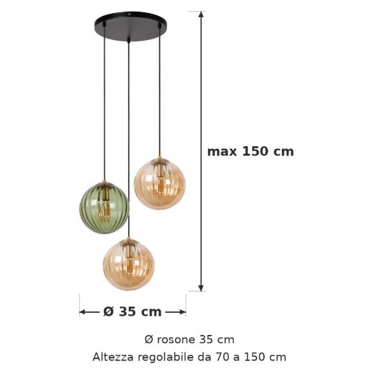 Lampadario a sospensione con 3 pendenti a grappolo per soggiorno contemporaneo verde ambra