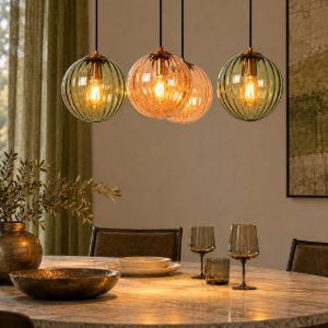 Lampadario a sospensione con 4 pendenti lineare per soggiorno contemporaneo verde ambra