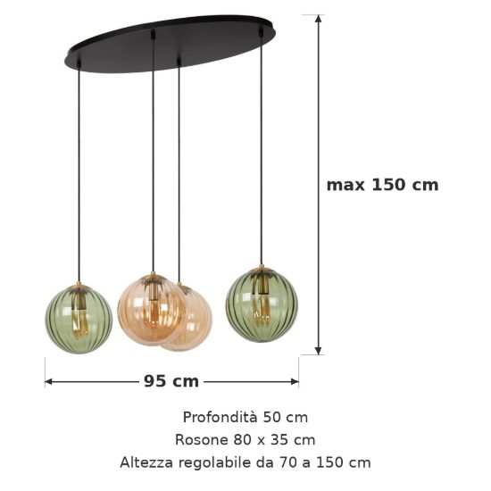 Lampadario a sospensione con 4 pendenti lineare per soggiorno contemporaneo verde ambra