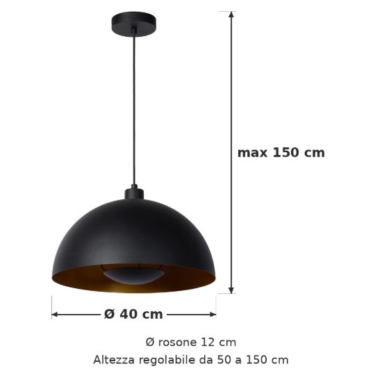 Lampadario a sospensione a cupola per cucina contemporaneo nero oro