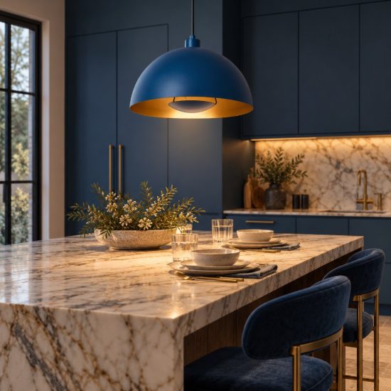 Lampadario a sospensione a cupola per cucina contemporaneo blu oro