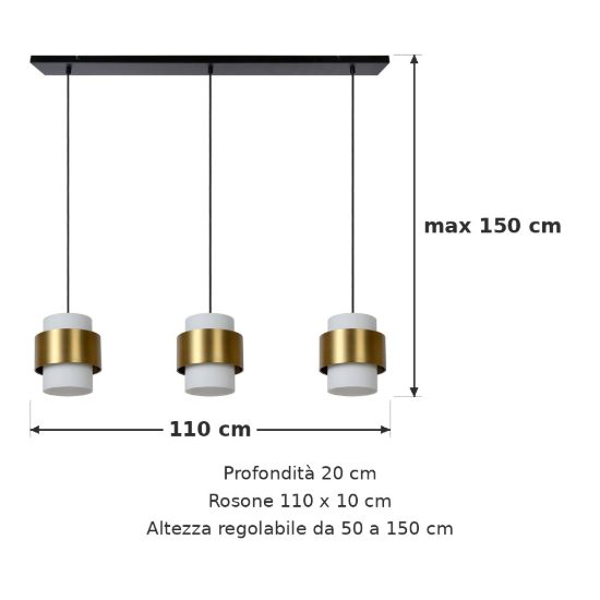 Lampadario a sospensione con 3 pendenti lineare per sala da pranzo contemporaneo oro opalino