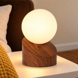 Abat-jour a globo per comodino moderno effetto legno scuro opalino