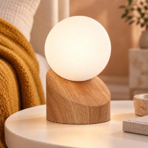 Abat-jour a globo per comodino moderno effetto legno chiaro opalino