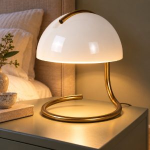 Abat-jour a cupola per comodino contemporaneo bianco oro con base a spirale