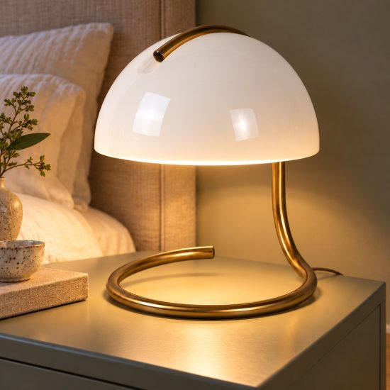 Abat-jour a cupola per comodino contemporaneo bianco oro con base a spirale