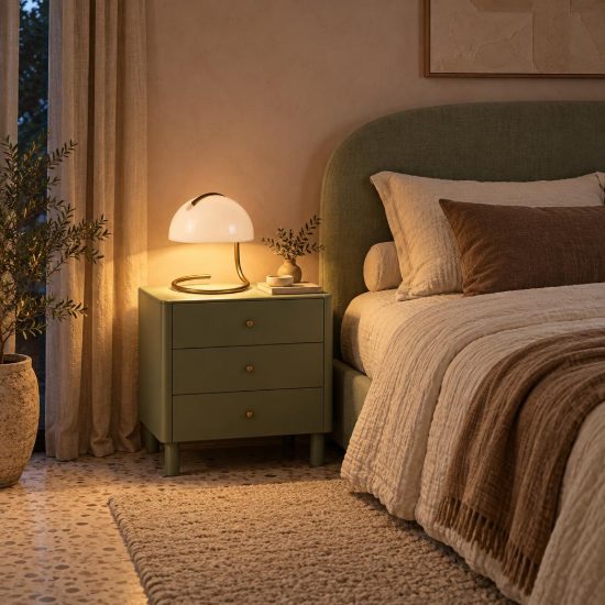 Abat-jour a cupola per comodino contemporaneo bianco oro con base a spirale