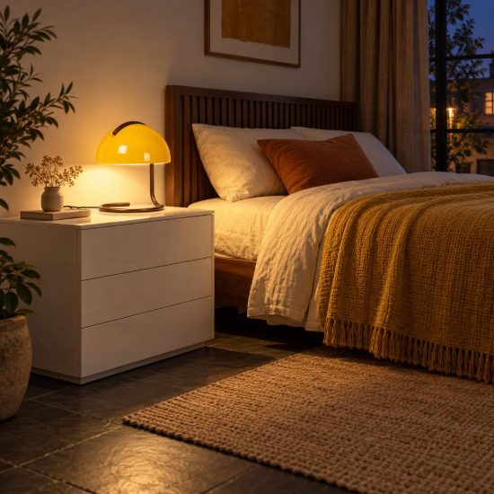 Abat-jour a cupola per comodino contemporaneo arancione oro con base a spirale
