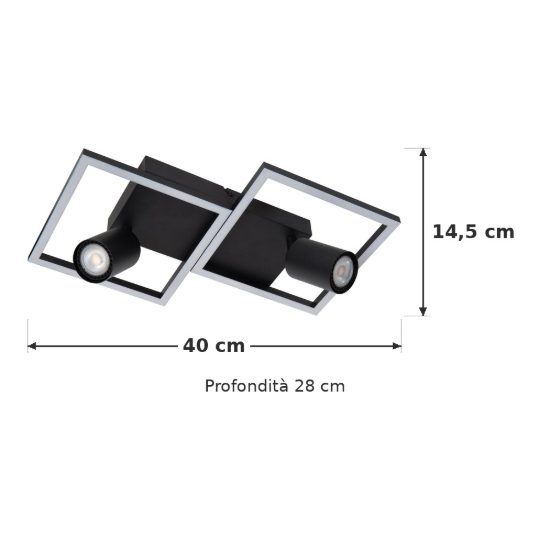 Plafoniera con 2 faretti orientabili moderna a cornici quadrate nero led 23w cct 2700k 3300k 4000k