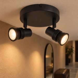 Plafoniera con 2 faretti orientabili moderna rotonda nero con lampadina a vista