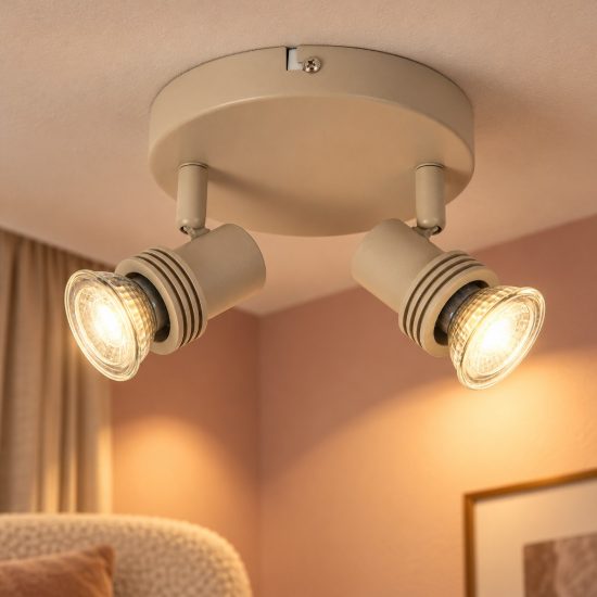 Plafoniera con 2 faretti orientabili moderna rotonda tortora con lampadina a vista