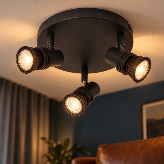 Plafoniera con 3 faretti orientabili moderna rotonda nero con lampadina a vista