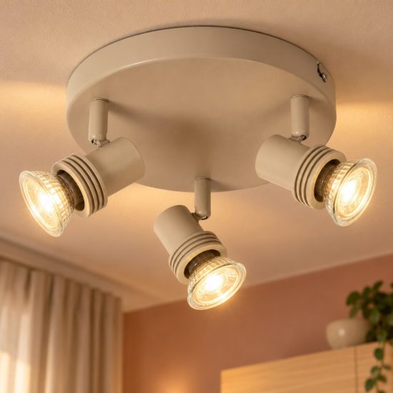 Plafoniera con 3 faretti orientabili moderna rotonda tortora con lampadina a vista
