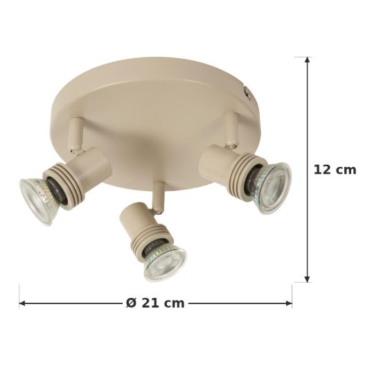 Plafoniera con 3 faretti orientabili moderna rotonda tortora con lampadina a vista