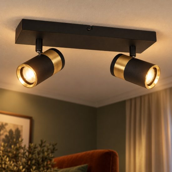 Plafoniera con 2 faretti orientabili moderna rettangolare nero oro