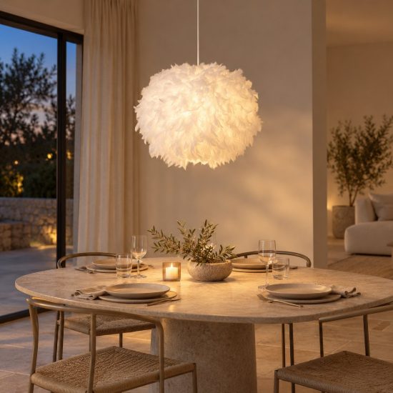 Lampadario a sospensione a sfera per salotto moderno bianco in piume