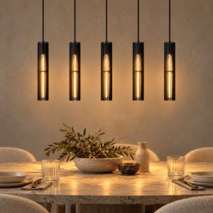 Lampadario a sospensione con 5 pendenti a tubo per sala da pranzo moderno nero