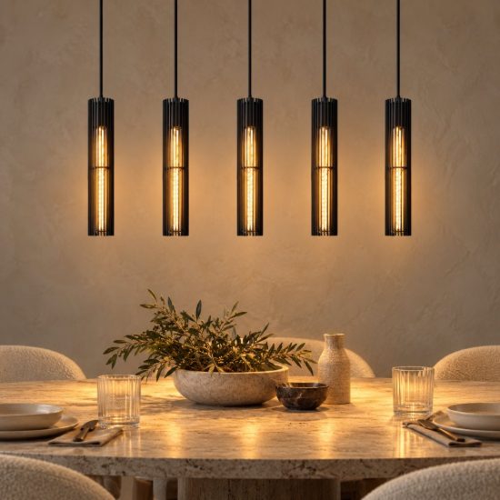 Lampadario a sospensione con 5 pendenti a tubo per sala da pranzo moderno nero