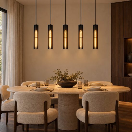 Lampadario a sospensione con 5 pendenti a tubo per sala da pranzo moderno nero