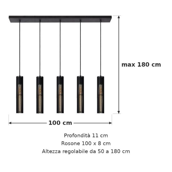 Lampadario a sospensione con 5 pendenti a tubo per sala da pranzo moderno nero