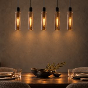 Lampadario a sospensione con 5 pendenti lineare per sala da pranzo moderno fume nero