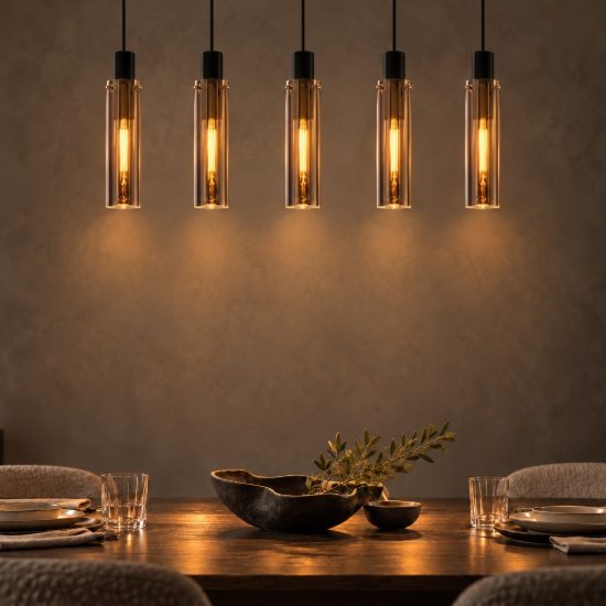 Lampadario a sospensione con 5 pendenti lineare per sala da pranzo moderno fume nero