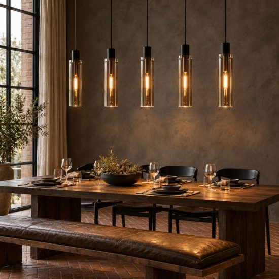 Lampadario a sospensione con 5 pendenti lineare per sala da pranzo moderno fume nero