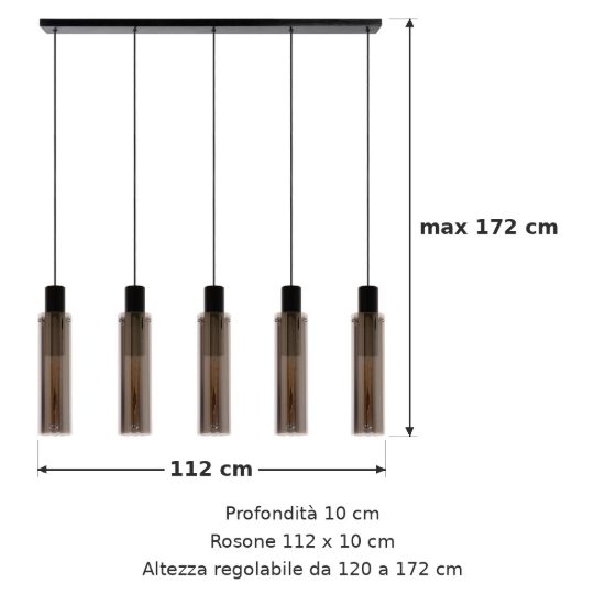 Lampadario a sospensione con 5 pendenti lineare per sala da pranzo moderno fume nero