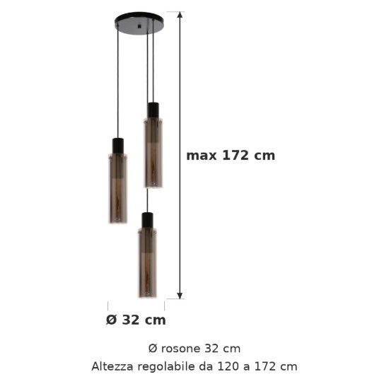 Lampadario a sospensione con 3 pendenti a cascata per sala da pranzo moderno fume nero