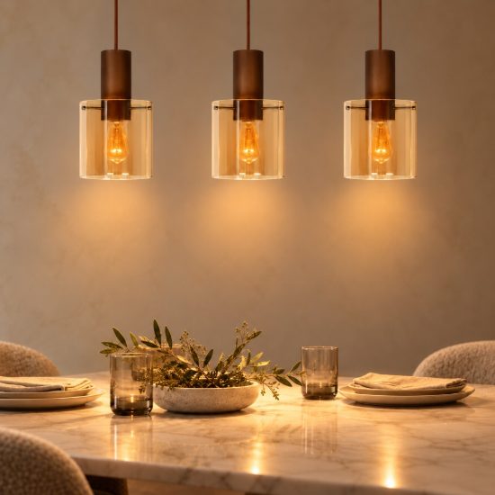 Lampadario a sospensione con 3 pendenti lineare per sala da pranzo contemporaneo ambra rame