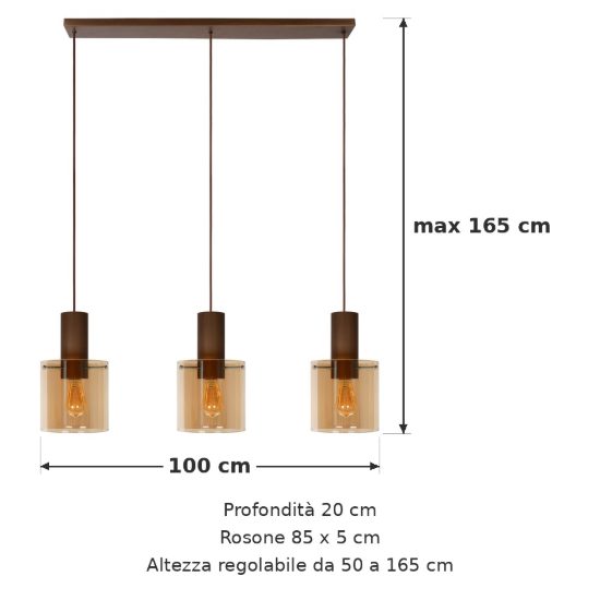 Lampadario a sospensione con 3 pendenti lineare per sala da pranzo contemporaneo ambra rame