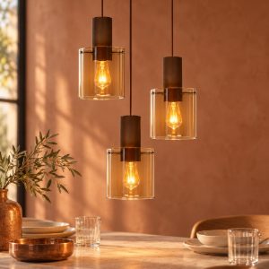 Lampadario a sospensione con 3 pendenti a cascata per sala da pranzo contemporaneo ambra rame