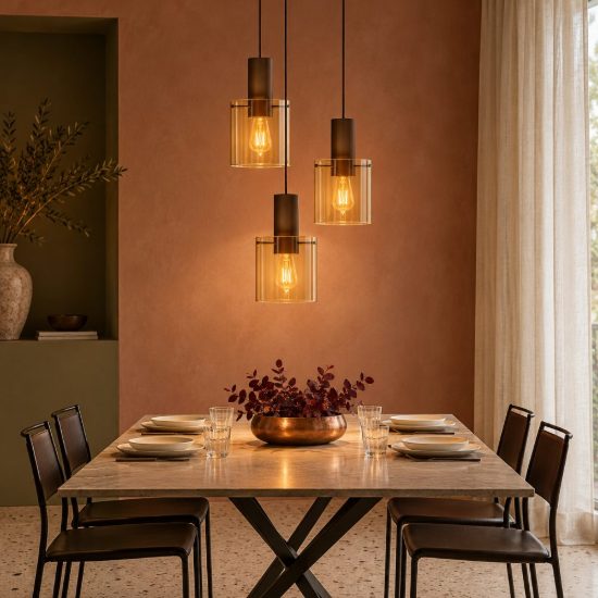 Lampadario a sospensione con 3 pendenti a cascata per sala da pranzo contemporaneo ambra rame