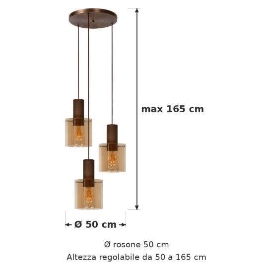 Lampadario a sospensione con 3 pendenti a cascata per sala da pranzo contemporaneo ambra rame