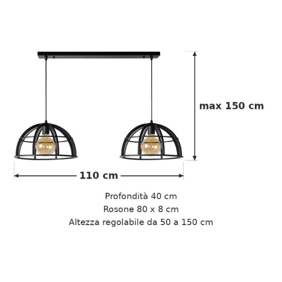 Lampadario a sospensione 2 luci a cupola per cucina moderno nero