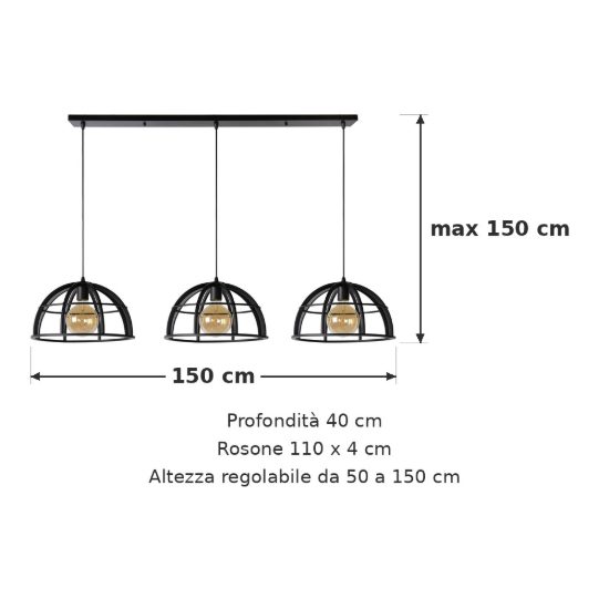 Lampadario a sospensione con 3 pendenti lineare per cucina moderno nero