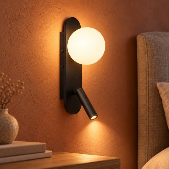 Applique per comodino camera da letto ovale moderna nero opalino led 8,5w 3000k