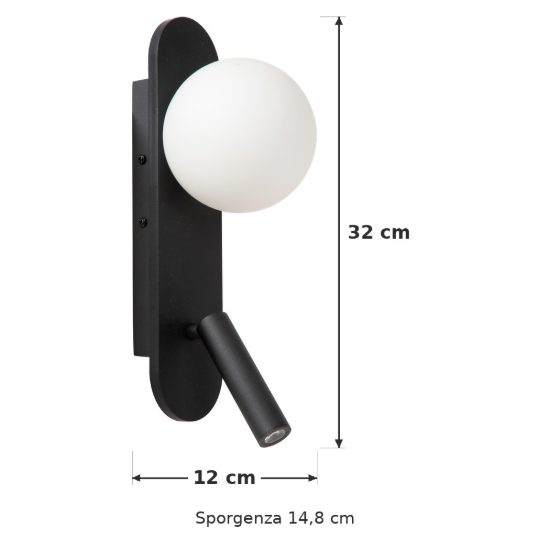 Applique per comodino camera da letto ovale moderna nero opalino led 8,5w 3000k