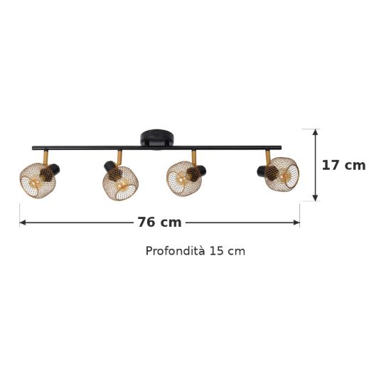 Plafoniera con 4 faretti a gabbia orientabili moderna oro nero