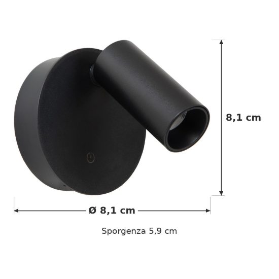Faretto da comodino nero led 2w cct 2700k 3300k 4000k ricaricabile