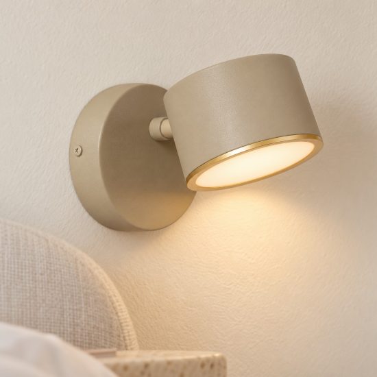 Applique per comodino camera da letto rotonda contemporanea tortora led 9w 2700k touch dimmer