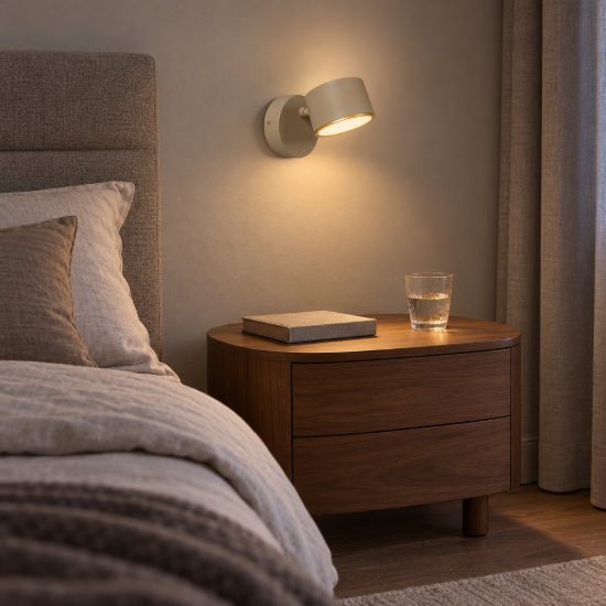 Applique per comodino camera da letto rotonda contemporanea tortora led 9w 2700k touch dimmer